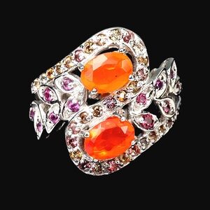 925 Sterling Silver Ring Sz 7.75 with Natural Orange Opal, Rhodolite & Sapphire